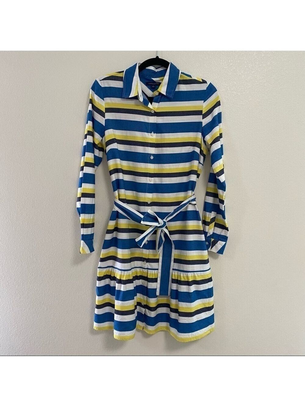 TOMMY HILFIGER Womens Blue Yellow Striped Belted Shirt Dress Size 6